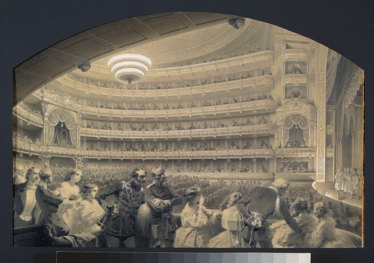 O auditório do teatro imperial Bolchoi Kammeny, em São Petersburgo. Obra de Luigi Premazzi (1814-1891), aquarela e branco sobre papel, por volta de 1850. Arte italiana de Luigi Premazzi