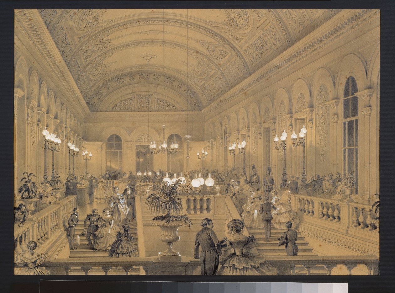 A escadaria do teatro imperial Bolshoi Kammeny, em São Petersburgo. Trabalho de Luigi Premazzi (1814-1891), aguarela e branco sobre papel, ca. 1850. Arte italiana de Luigi Premazzi