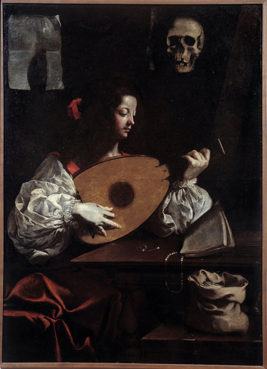Jogador de alaúde. Pintura (Vanite) de Luigi Miradori (século XVII) de Luigi Miradori