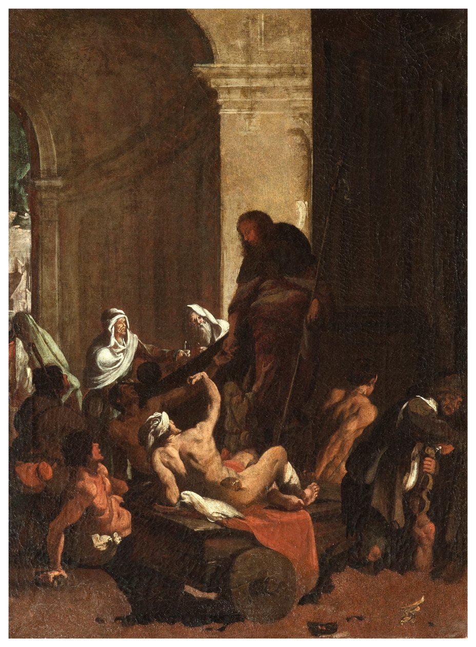 Transept Norte, Altar de San Rocco 1635, 45, Genovesino 1645, Distribuição de bens aos pobres, Pintado na parte inferior esquerda de Luigi Miradori
