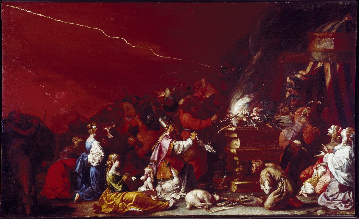 Personagens da Bíblia da Cena do Sacrifício se reagrupam em torno de um altar. Um cordeiro deita-se aos pés do altar. Pintura de Luigi Miradori dit Il Genovesino (ca. 1608-1655) Parma do século XVII, Galleria Nazionale de Luigi Miradori