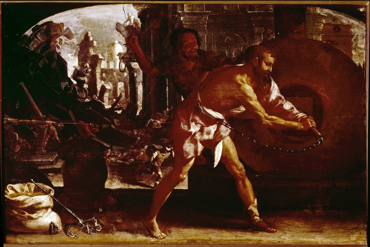 Sansão e a pedra de moinho (óleo sobre tela, ca. 1650) de Luigi Miradori