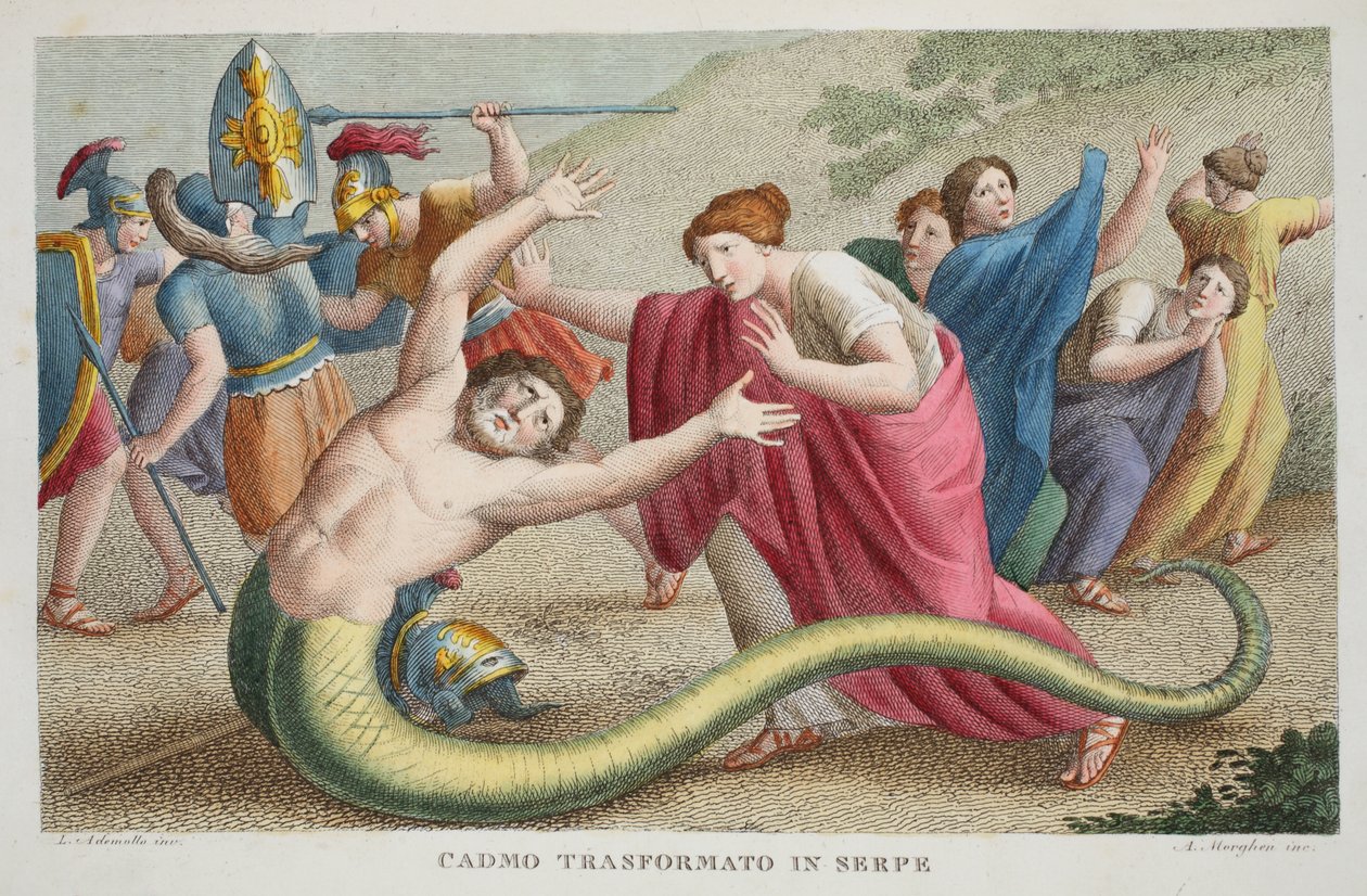 Cadmus em uma Serpente ou Cadmo Transformato em Serpe, Livro IV, ilustração de Metamorfoses de Ovídio, Florença, 1832 (gravura colorida à mão) de Luigi Ademollo