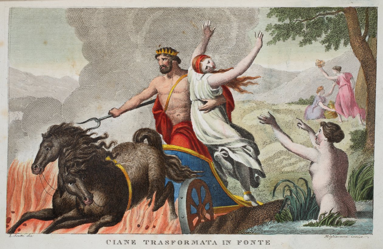 Cyane e o Rapto de Proserpina ou Ciane Transformata em Fonte, Livro V, ilustração de Metamorfoses de Ovídio, Florença, 1832 (gravura colorida à mão) de Luigi Ademollo