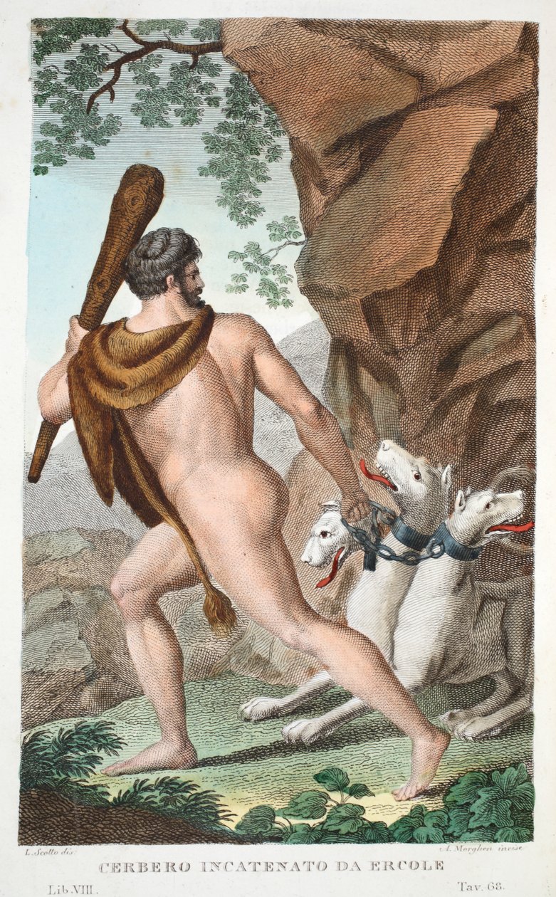 Hércules e Cerberus ou Cerbero Incatenato da Ercole, Livro VII, ilustração de Metamorfoses de Ovídio, Florença, 1832 (gravura colorida à mão) de Luigi Ademollo
