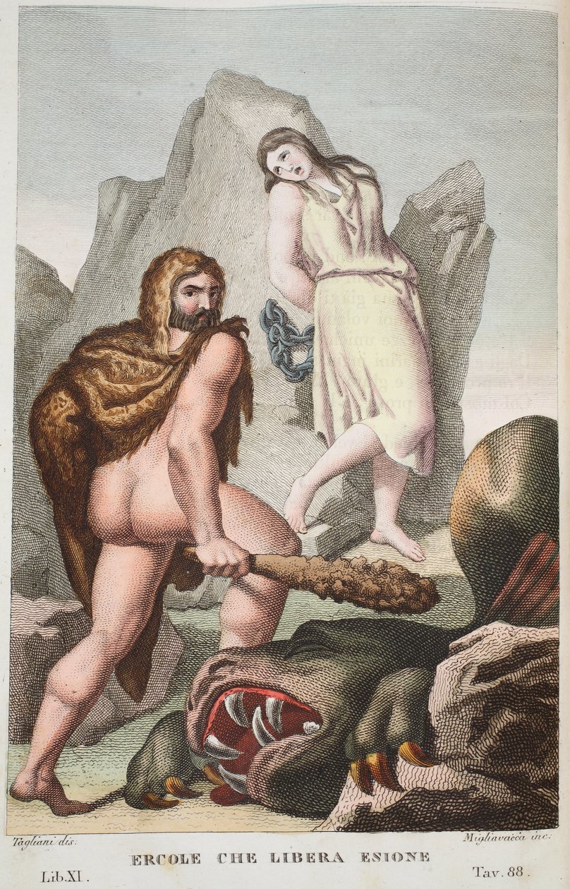 Hércules salva Hesione ou Ercole che Libera Enione, Livro XI, ilustração de Metamorfoses de Ovídio, Florença, 1832 (gravura colorida à mão) de Luigi Ademollo