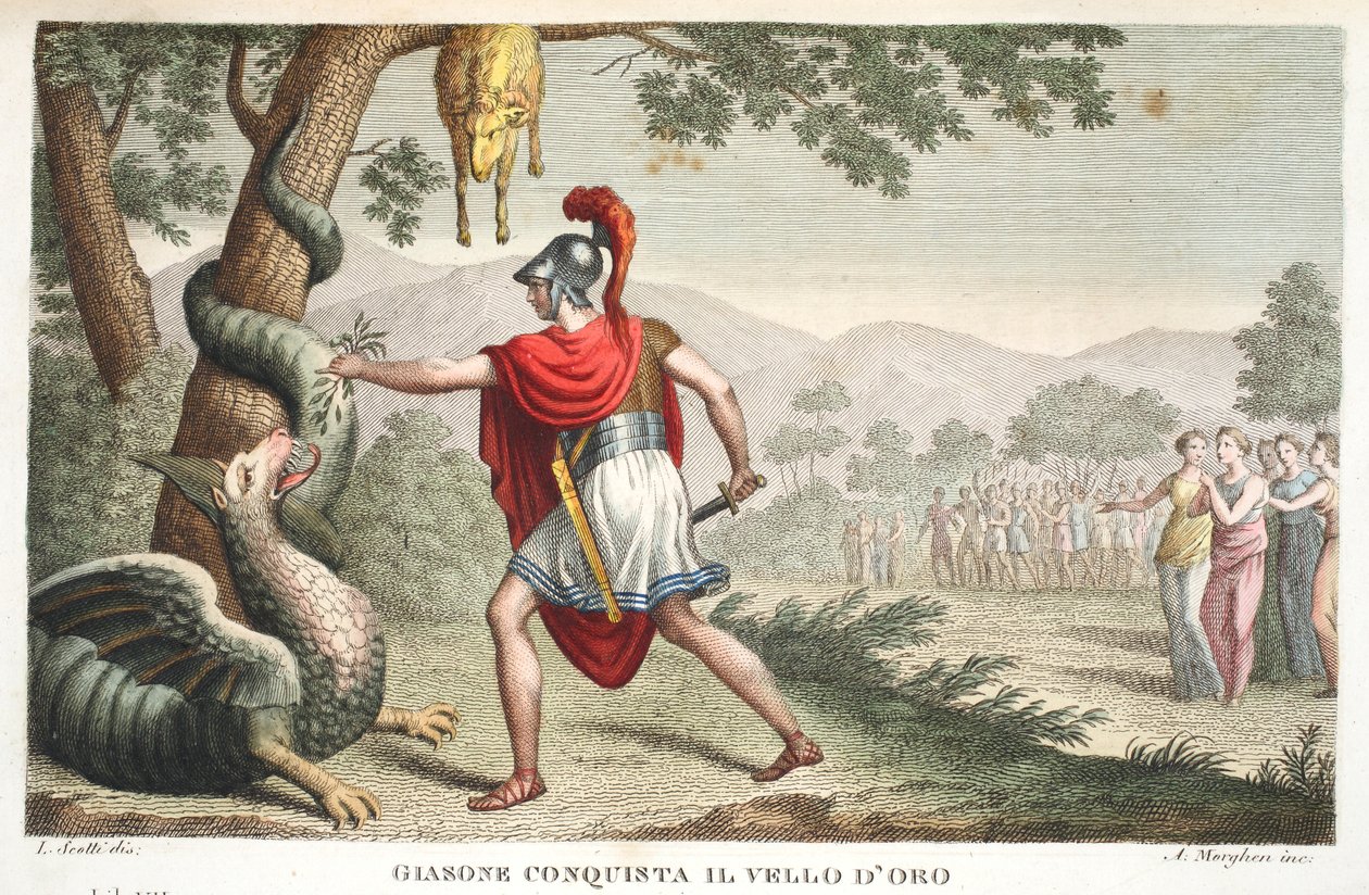 Jason põe o Dragão para dormir ou Gianone Conquista Il Vello d&39;Oro, Livro VII, ilustração de Metamorfoses de Ovídio, Florença, 1832 (gravura colorida à mão) de Luigi Ademollo