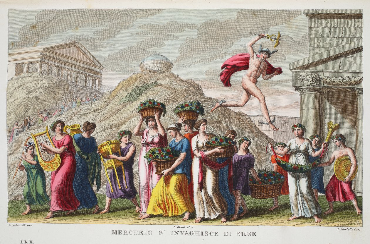 Mercúrio se apaixona por Herse ou Mercurion s&39;invaghisce di Erse, ilustração de Metamorfoses de Ovídio, Florença, 1832 (gravura colorida à mão) de Luigi Ademollo