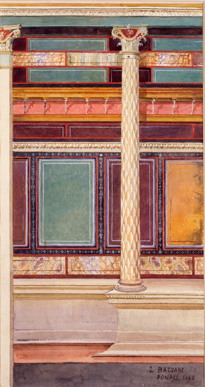 Afresco de estilo arquitectónico no cubiculum, casa do casamento de prata, Pompeia, 1897 de Luigi Bazzani