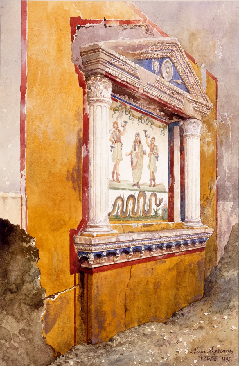 Lararium do altar da família, visto in situ após a escavação, casa de Aulus Vettius, Pompeii, c.36-39 AD, 1895 de Luigi Bazzani