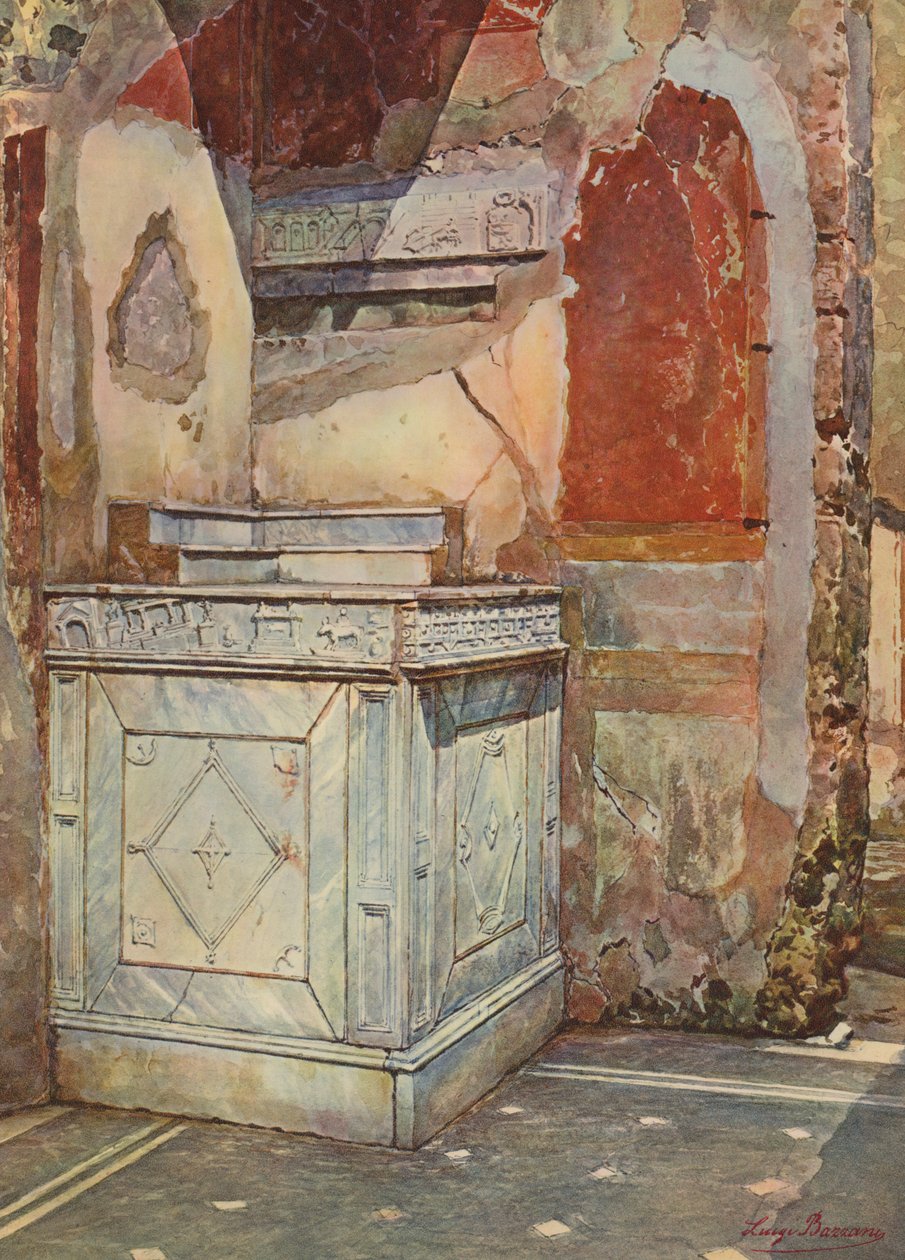 Pompeia: Casa de L Caecilius Jucundus, Lararium (litografia a cores) de Luigi Bazzani