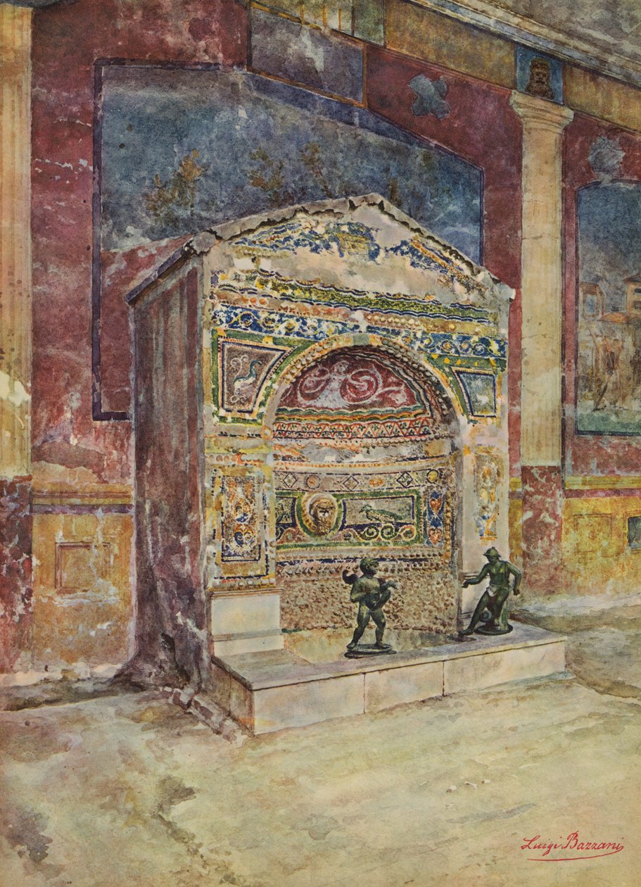 Pompeia: Casa da Fonte Pequena, Fonte em mosaico (litografia a cores) de Luigi Bazzani