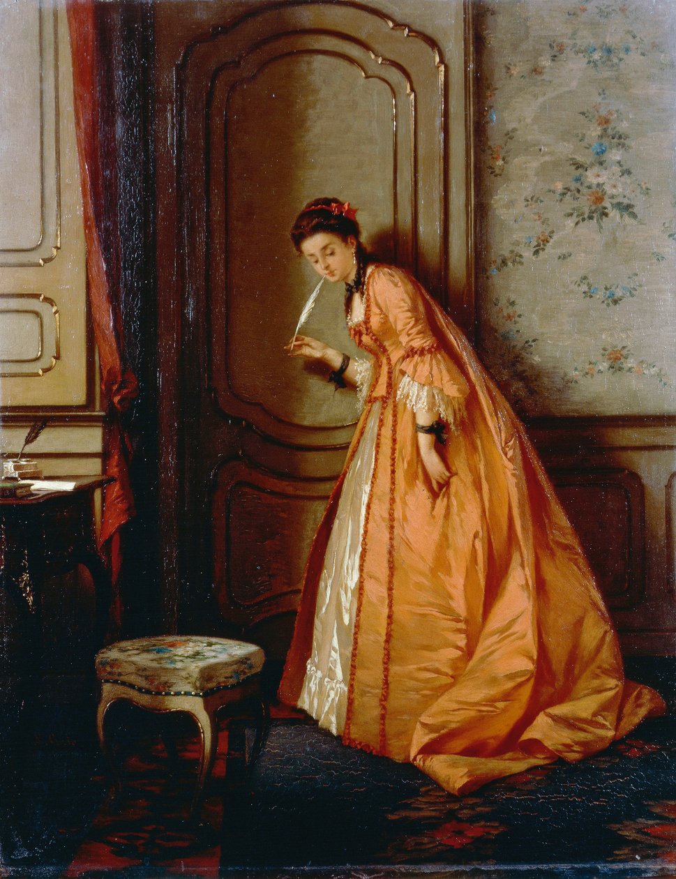 Ouvindo, por Luigi Crosio (1835-1915), óleo sobre painel, 40,5x32 cm de Luigi Crosio