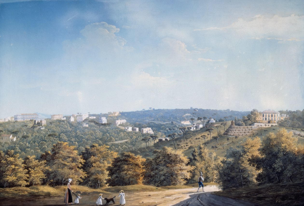 Capodimonte colina e vilas ao longo da estrada de Ponti Rossi (gouache) de Luigi Fergola