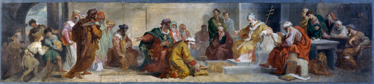 Papa Damasco recebendo personalidades do Oriente, por Luigi Fontana (1827-1908), esboço preparatório para frescos na basílica de San Lorenzo em Damaso, em Roma, Itália de Luigi Fontana