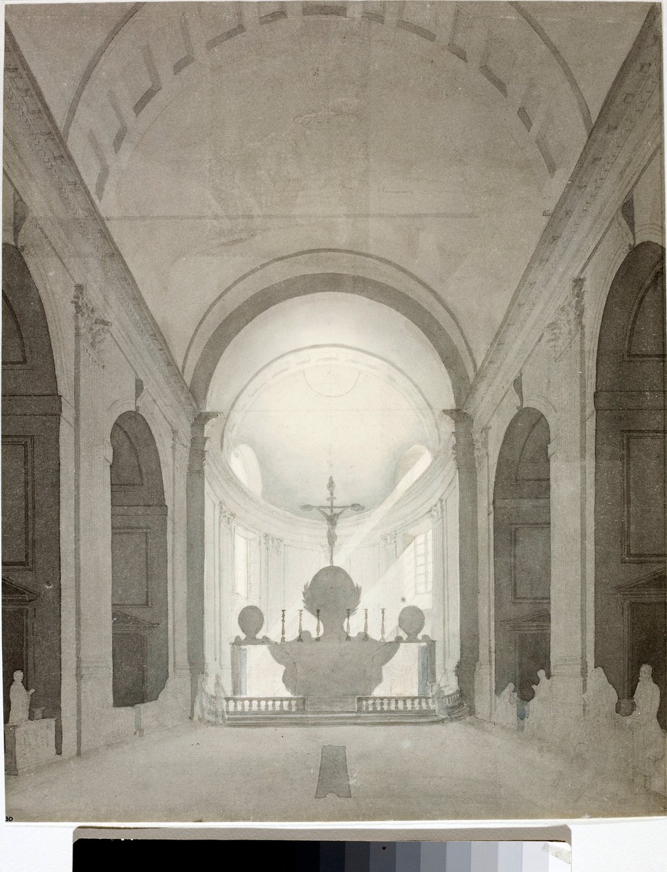 Vista interior de uma igreja (Desenho e Aquarela, ca. 1825) de Luigi Garibbo