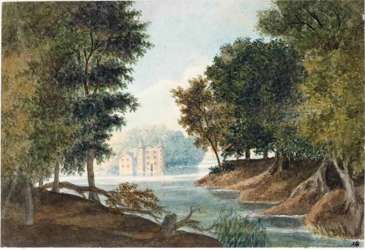 Paisagem com Rio e Vila (Aquarela, c.1825) de Luigi Garibbo