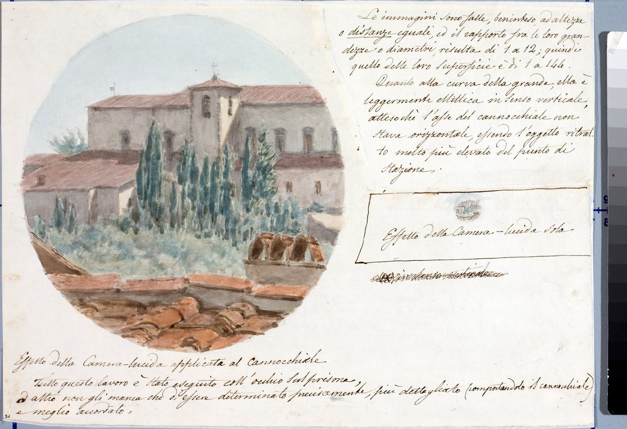 Vista telescópica da igreja de San Salvatore al monte perto de Florença (Desenho e Aquarela, ca. 1833) de Luigi Garibbo