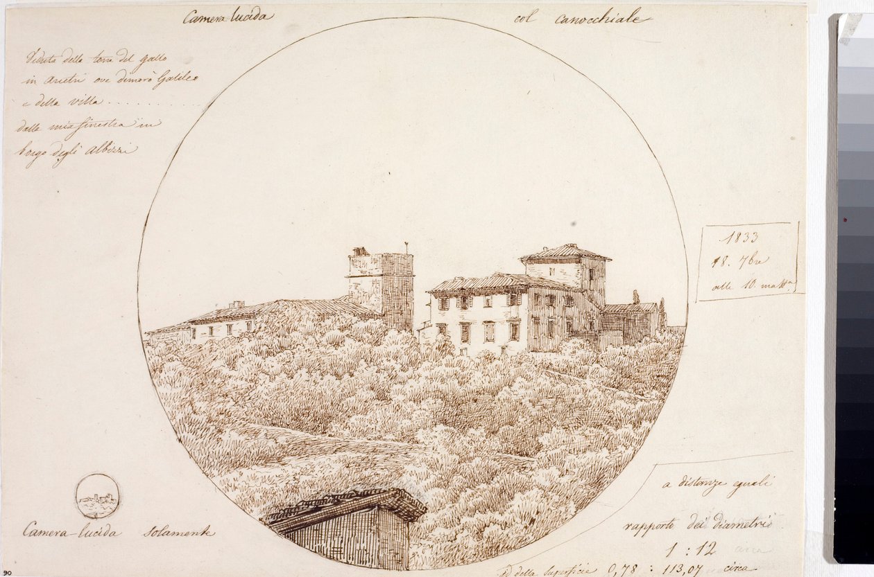 Vista telescópica da Torre del Gallo no Arcetri, perto de Florença (Desenho, ca. 1833) de Luigi Garibbo