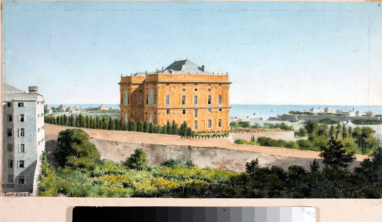 Vista do Palazzo Pallavicini chamado Palazzo delle Peschiere, Génova (aguarela, cerca de 1825) de Luigi Garibbo