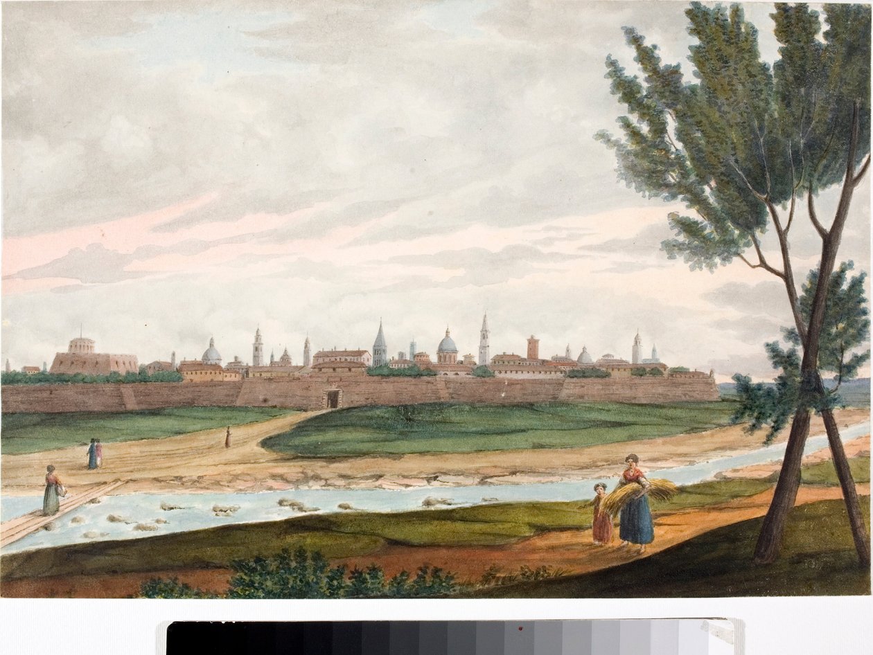 Vista de uma cidade murada, provavelmente Lucca na Toscana (Tinta e aguarela, ca. 1820) de Luigi Garibbo
