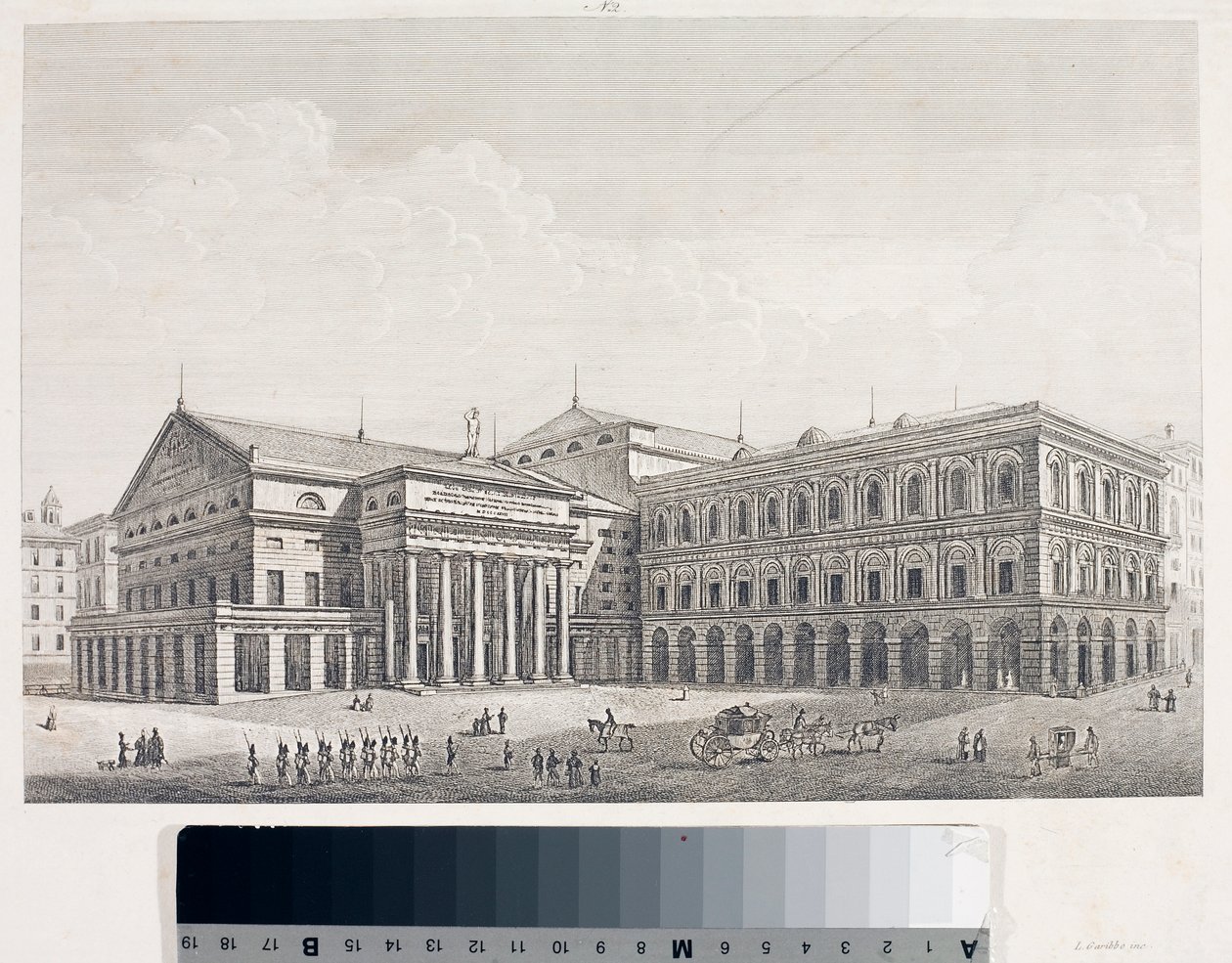 Vista do Teatro Carlo Felice e do Palácio da Accademia em Génova (Etching de Luigi Garibbo
