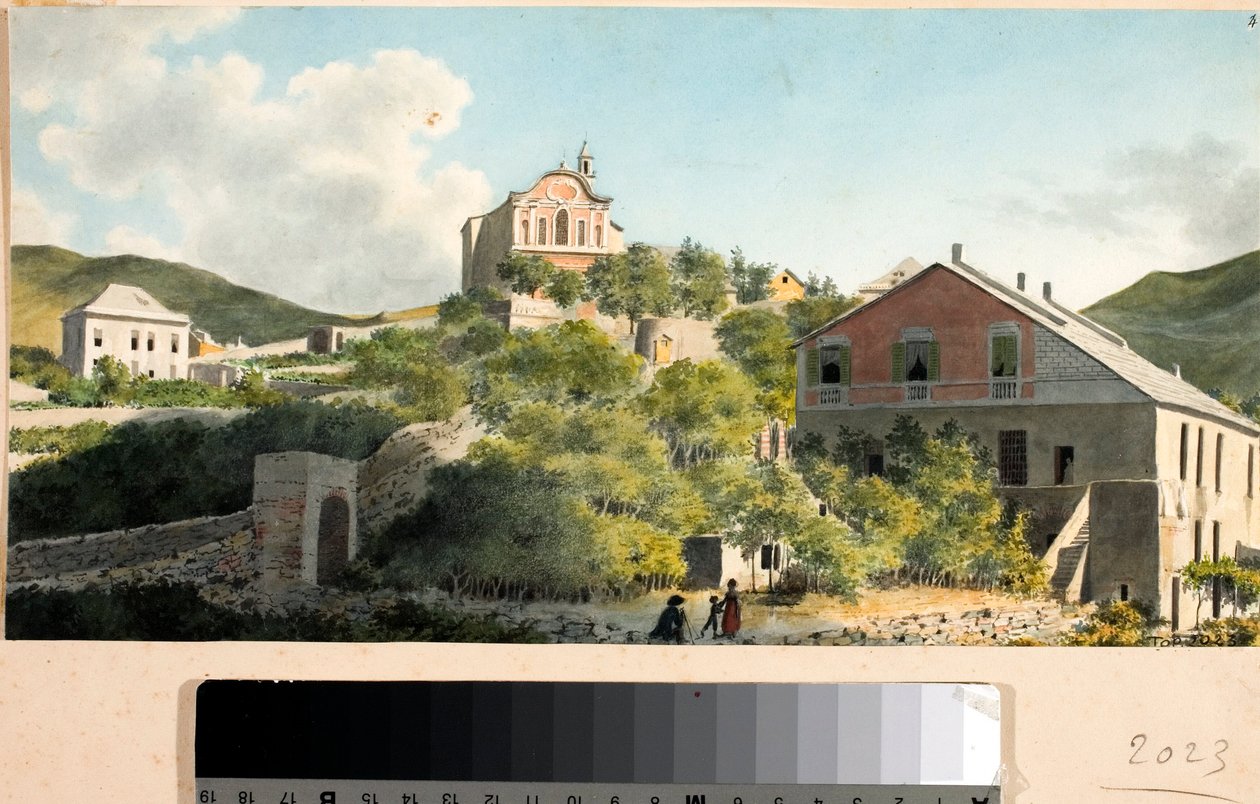 Vista da Colina e da Igreja de Oregina, Génova (Aguarela, cerca de 1825) de Luigi Garibbo