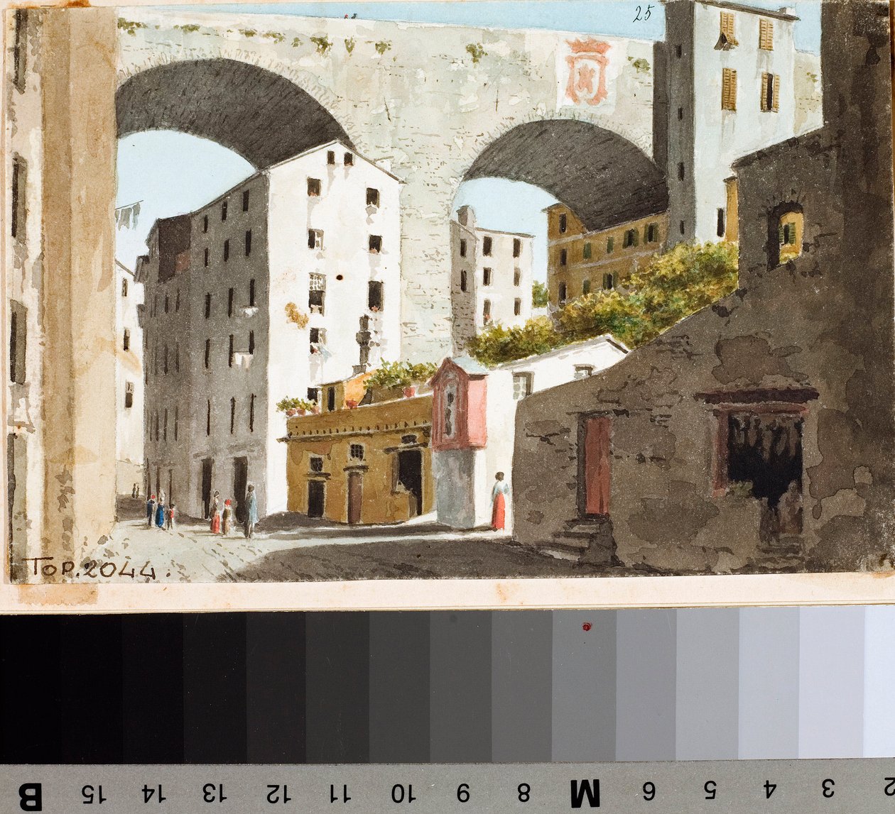 Vista da ponte Carignano em Génova (Desenho e aguarela, ca. 1825) de Luigi Garibbo