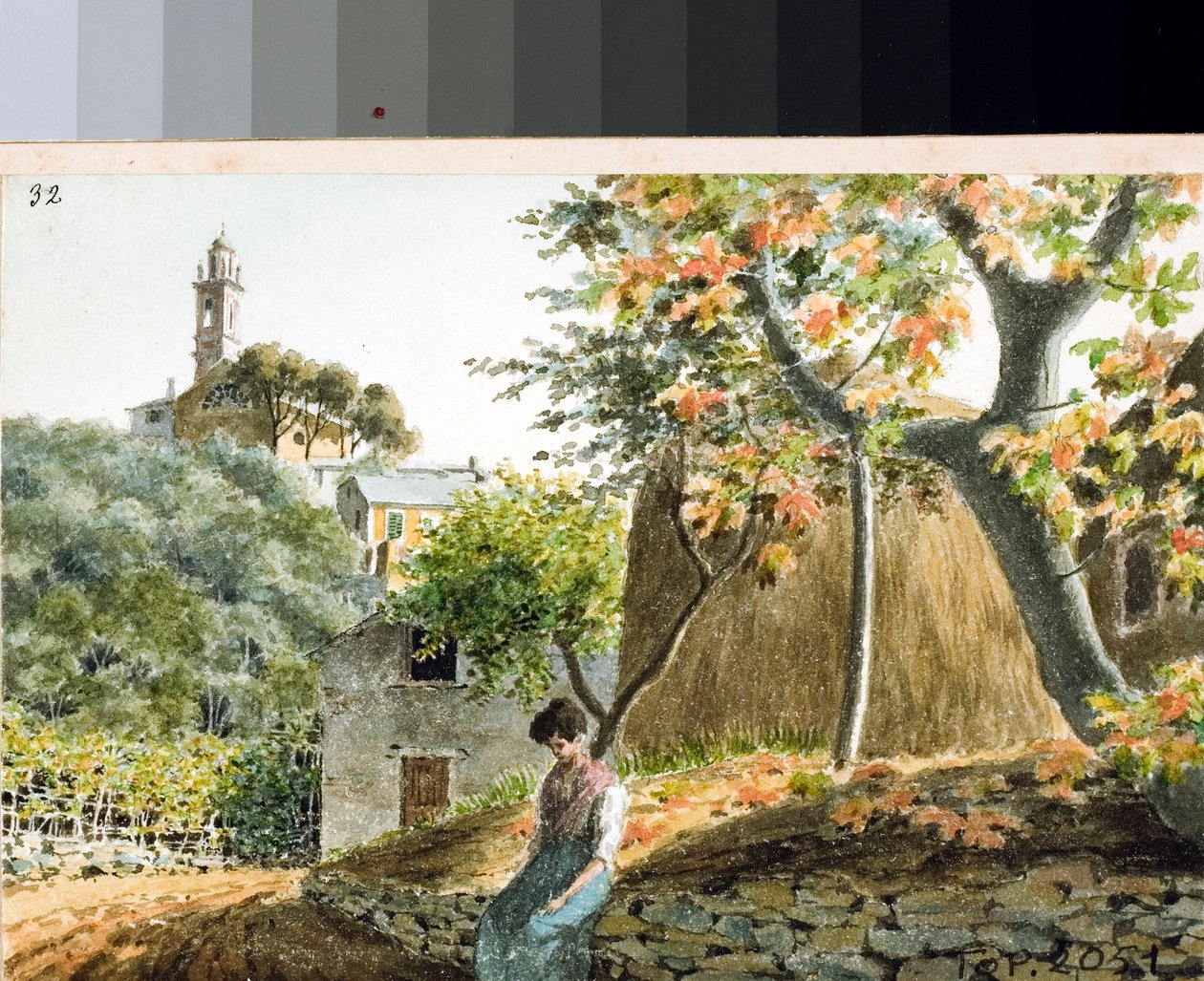Vista da igreja de San Bartolomeo no Monte Staglieno, Génova (Desenho e aguarela, ca. 1825) de Luigi Garibbo