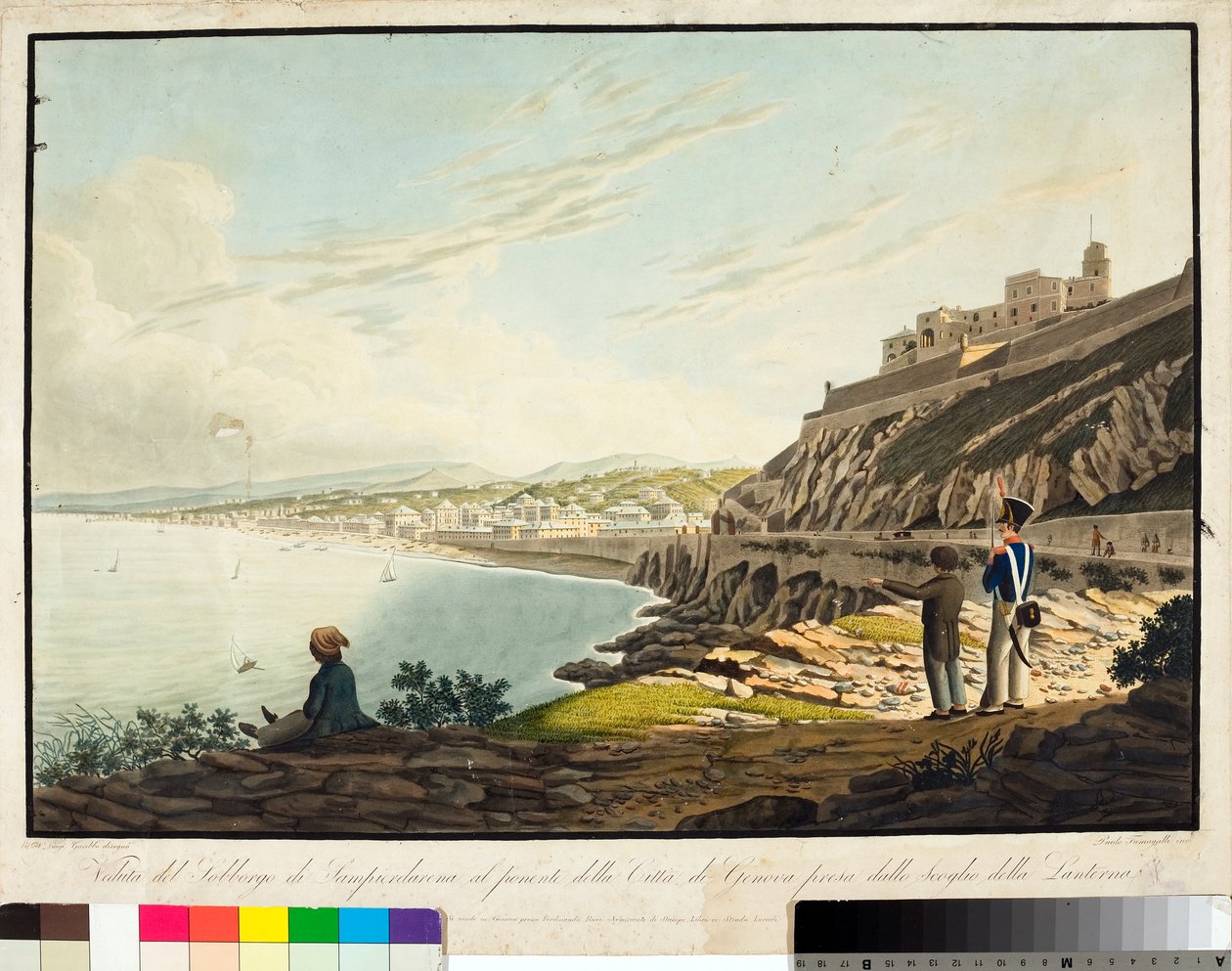 Vista do distrito de Sampierdarena a oeste de Génova, a partir do farol. (Etching, c.1813-1814) de Luigi Garibbo
