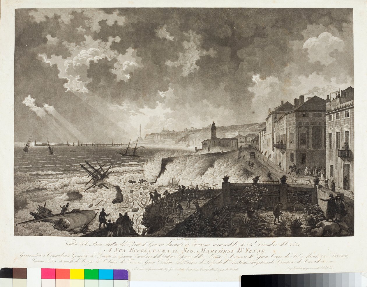 Vista do porto de Génova durante a Tempete de 25/12/1821 (Gravura, c.1821) de Luigi Garibbo