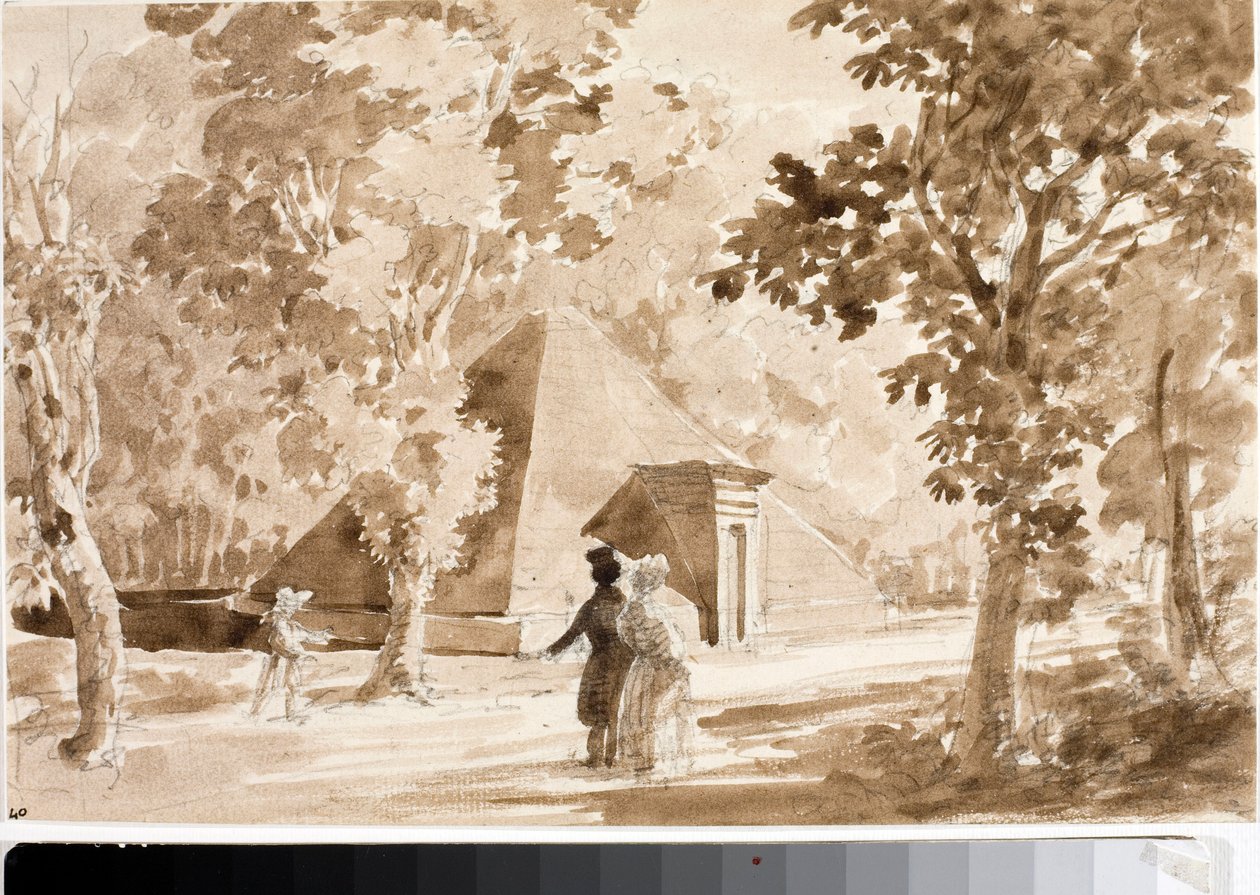 Vista da pirâmide de Parco delle Cascine em Florença (Aquarela, ca. 1820) de Luigi Garibbo