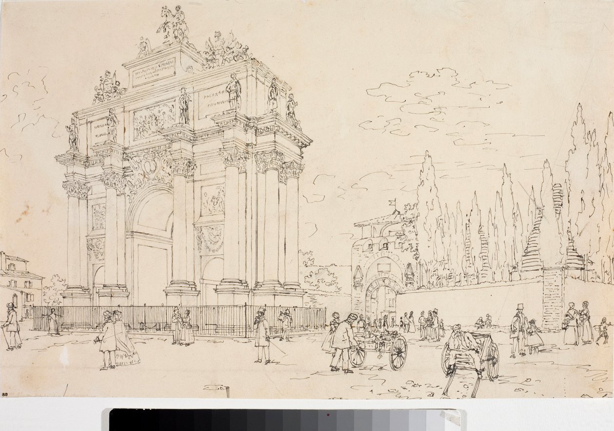 Vista do arco triunfal em Porta san Gallo, Florença ( Desenho, ca. 1825) de Luigi Garibbo