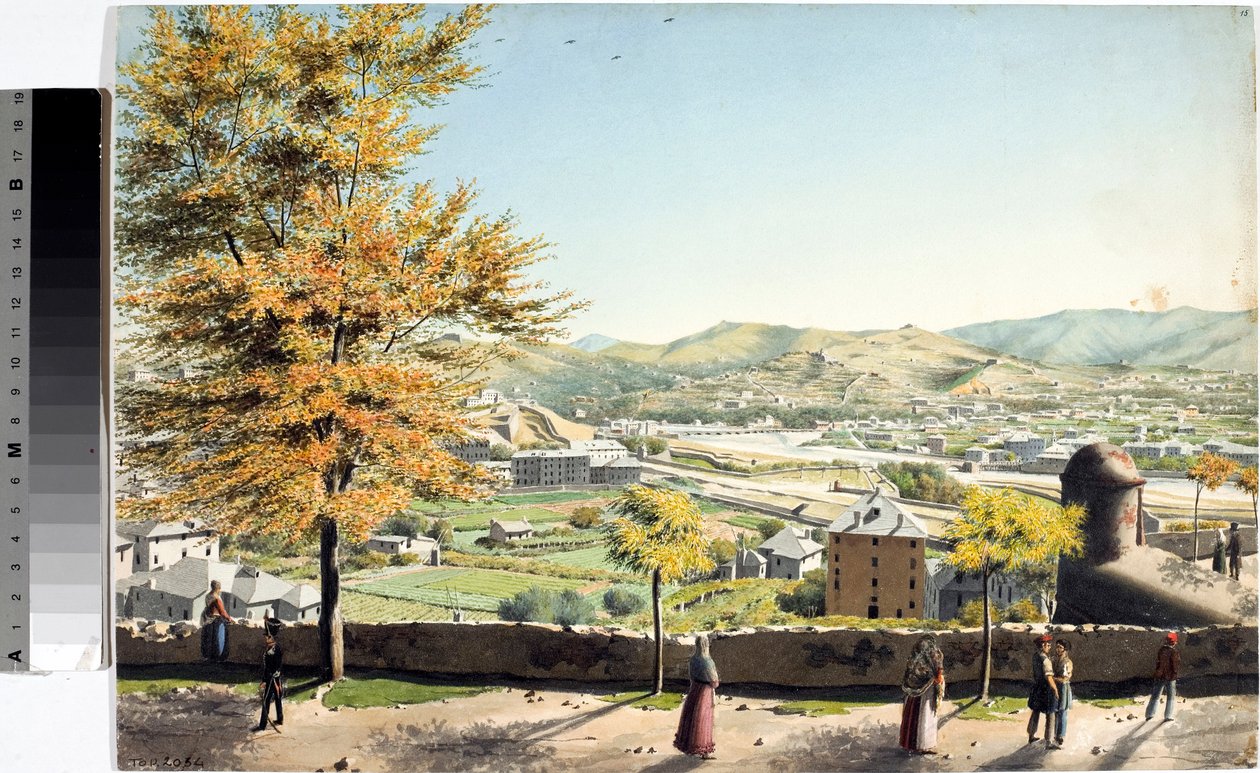 Vista sobre a cidade de Génova a partir das muralhas de Santa Chiara (aguarela de Luigi Garibbo