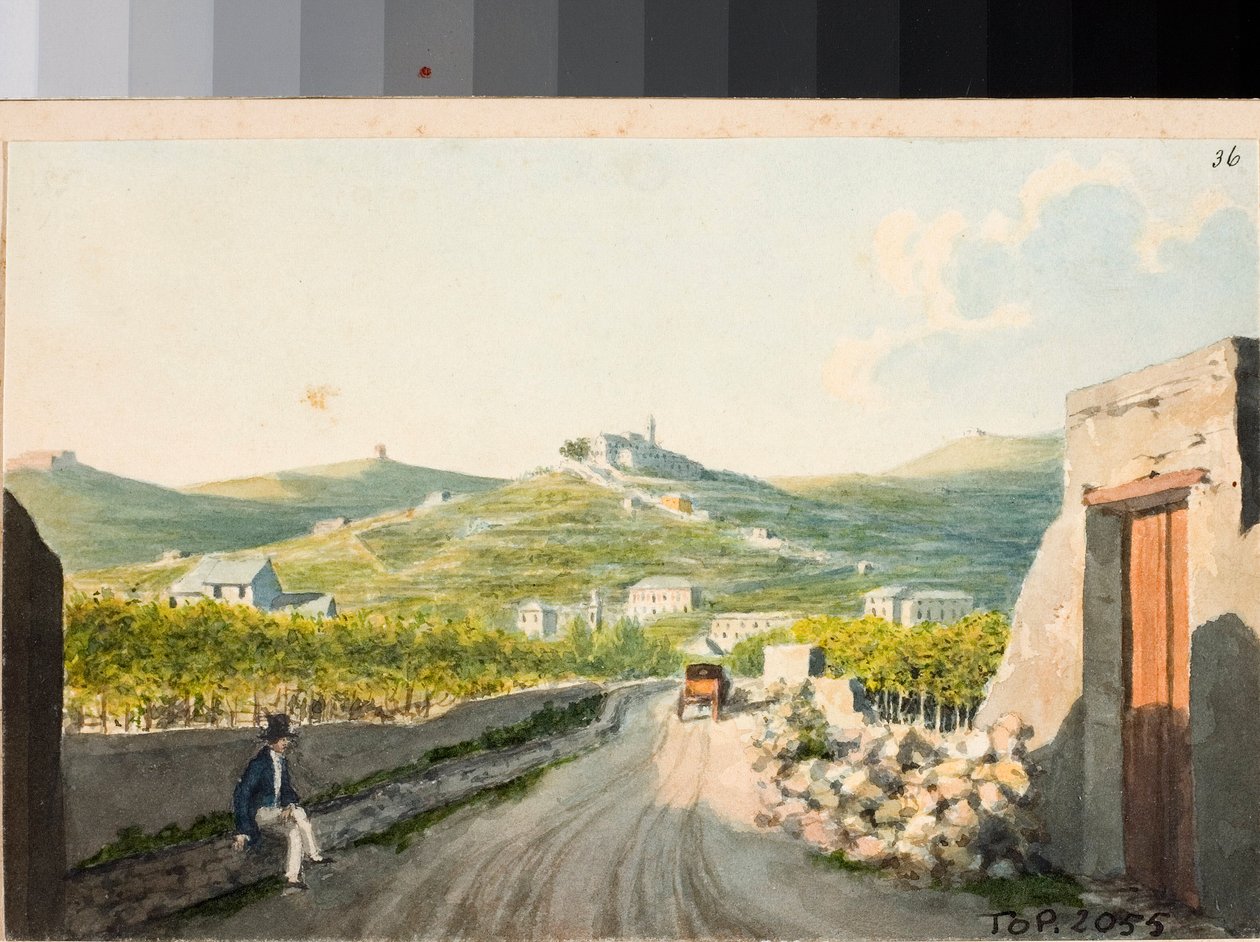 Vista sobre o santuário de Nostra Signora del Monte, Génova (aguarela, ca. 1825) de Luigi Garibbo