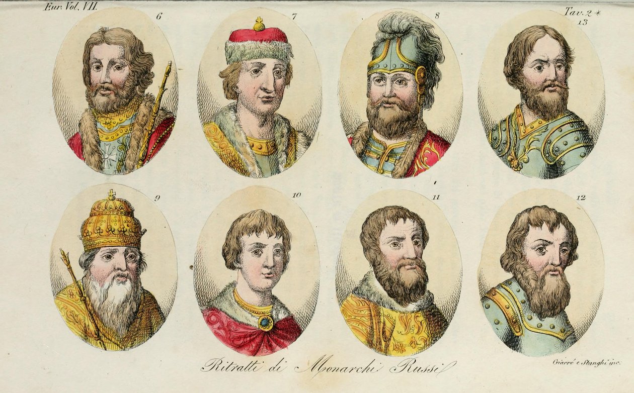 W. Ярослав щ. Sviatoslav I 8. Sviatopolk I. Vladimir Monomakh 10. Yuri I 11. Ivan I 12. Dmitry Donskoy 13. Ivan III, 1831 de Luigi Giarrè