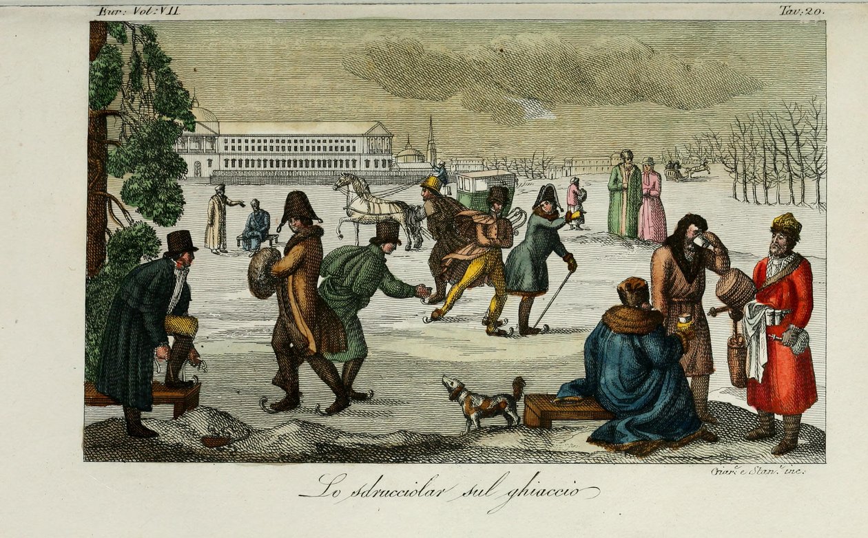 Pista de patinação. Ilustração do costume antigo e moderno ou história do governo de Giulio Ferrario, 1831 de Luigi Giarrè