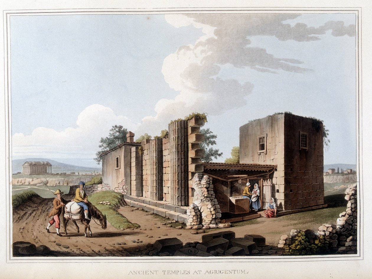 Antigo templo em Agrigento na Itália. em "Views in the Ottoman Dominions, in Europe, in Asia, and some of the Mediterranean islands" dos desenhos originais tirados por Luigi Mayer, Londres de Luigi Mayer