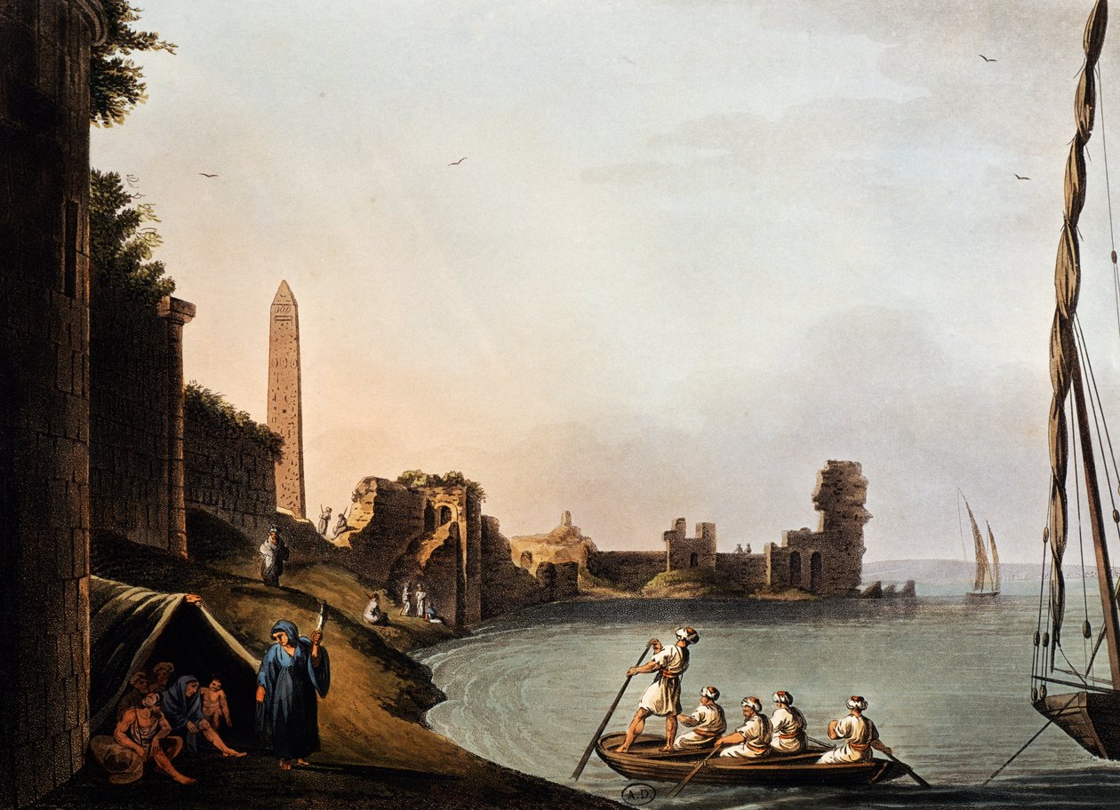 Paredes antigas e obelisco de Cleópatra, Luigi Mayer (1755-1803), gravura de Vedute de Luigi Mayer