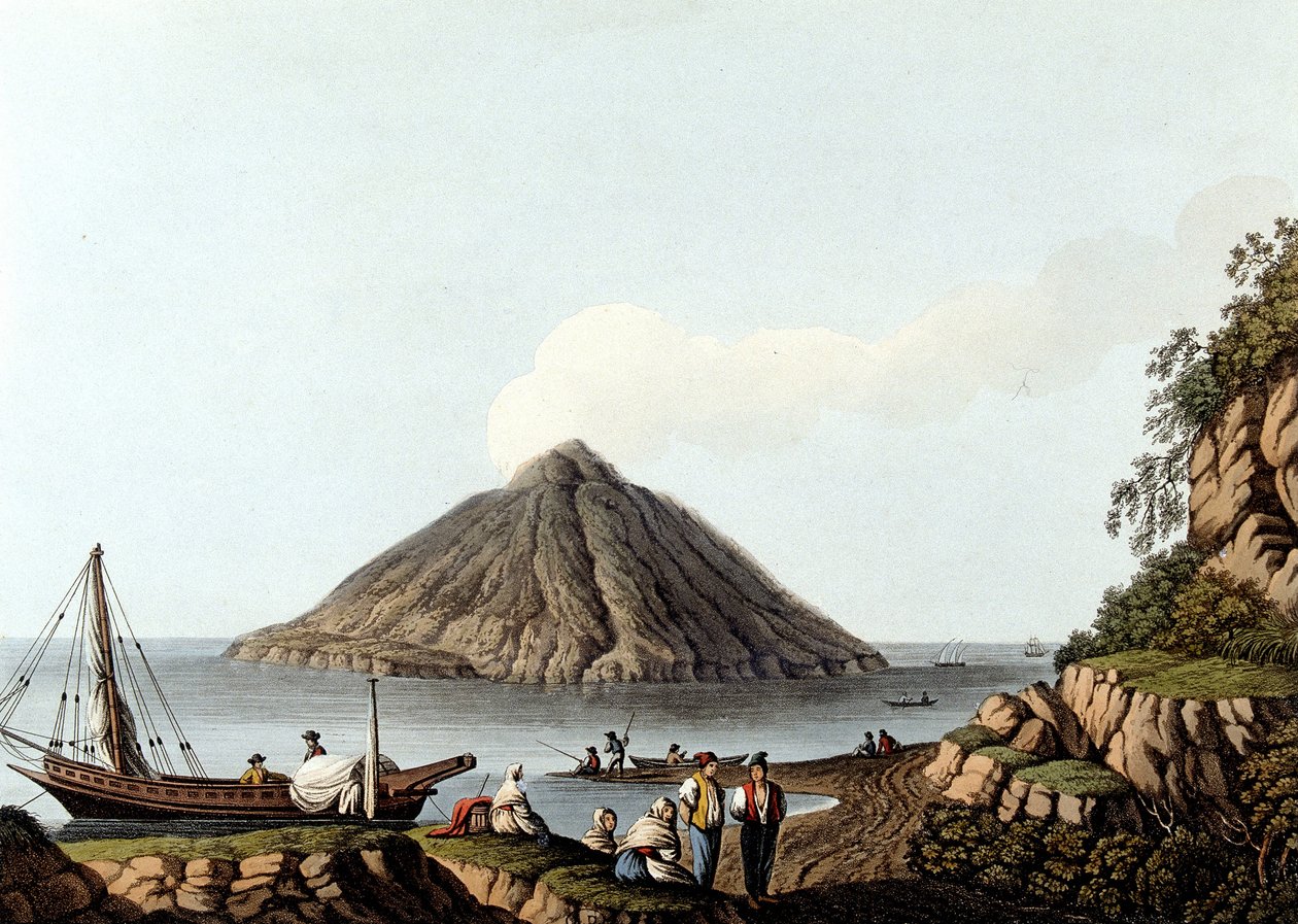 Ilha de Stromboli - em "Views in the Ottoman Dominions, in Europe, in Asia, and some of the Mediterranean islands", por Luigi Mayer, Londres de Luigi Mayer