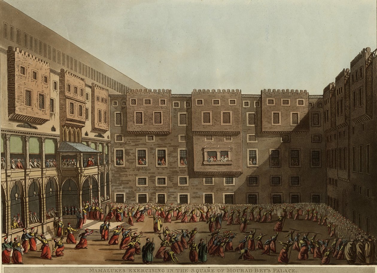 Mamelucos se exercitando na praça do Palácio Murad Beys, 1802 de Luigi Mayer