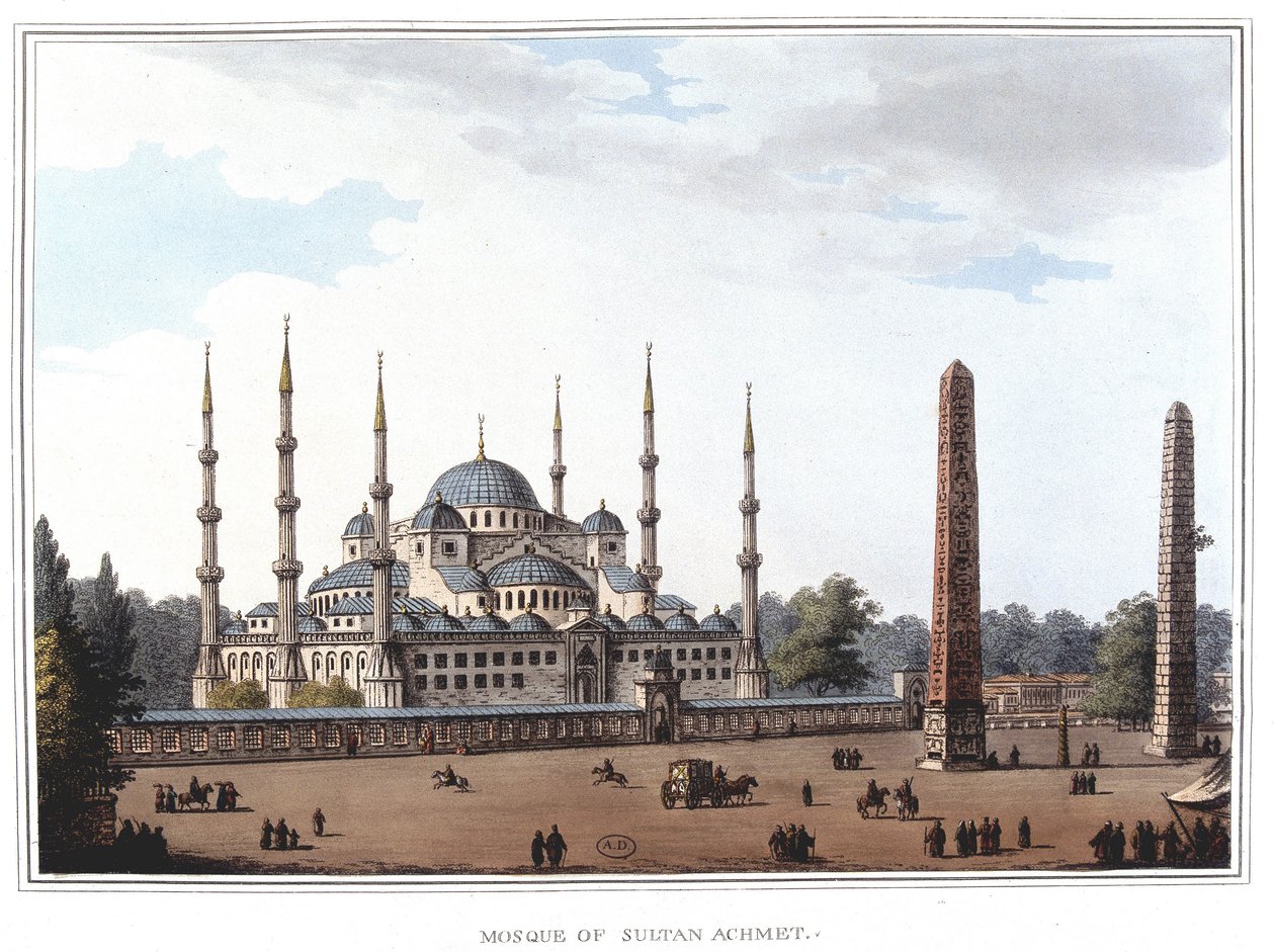 Mosquee do Sultão Ahmed (1609-1616), Istambul. em "Views in the Ottoman Dominions, in Europe, in Asia, and some of the Mediterranean islands" dos desenhos originais tirados por Luigi Mayer, Londres de Luigi Mayer