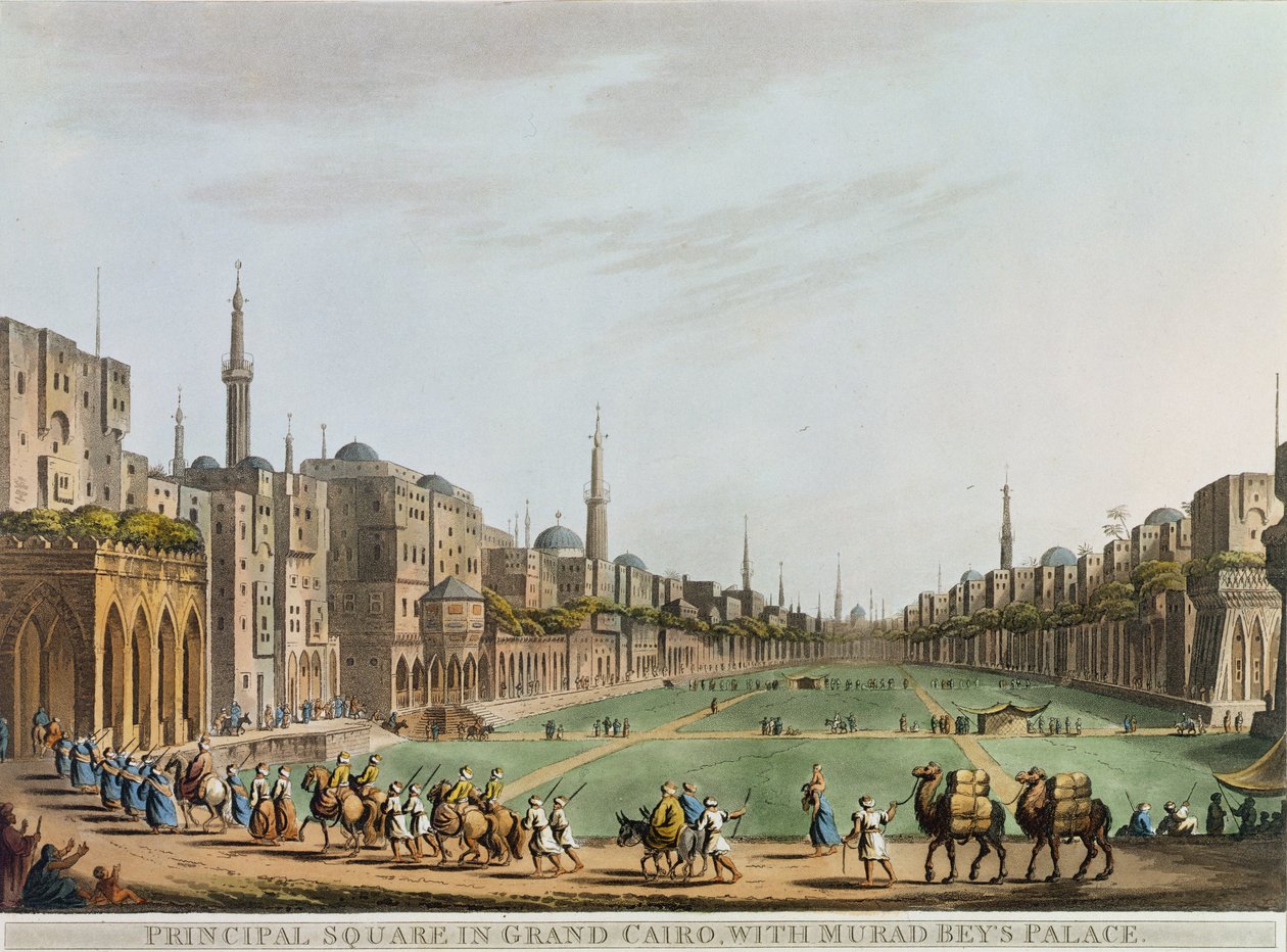 Principal Square em Grand Cairo, com Murad Bey&39;s Palace, prato 27 de &39;Views in Egypt&39;, gravado por Thomas Milton (1743-1827) pub. por Robert Bowyer (1758-1834) 1801 (aquatinta) de Luigi Mayer