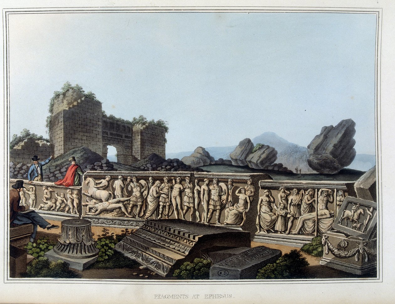 Ruínas e friso esculpidos em Éfeso, antiga cidade da Grécia, hoje na Turquia. em "Views in the Ottoman Dominions, in Europe, in Asia, and some of the Mediterranean islands from the original drawings taken by Luigi Mayer, London de Luigi Mayer