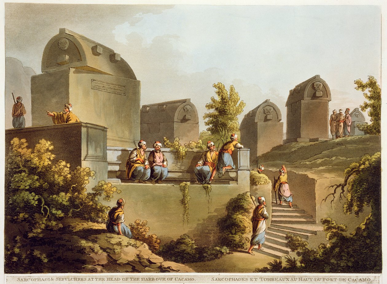 Sarcófagos e Sepulcros na Cabeça do Porto de Cacamo, de &39;Views in the Ottoman Empire&39;, publicado por Robert Bowyer (1758-1834) 1803 (aquatint) de Luigi Mayer