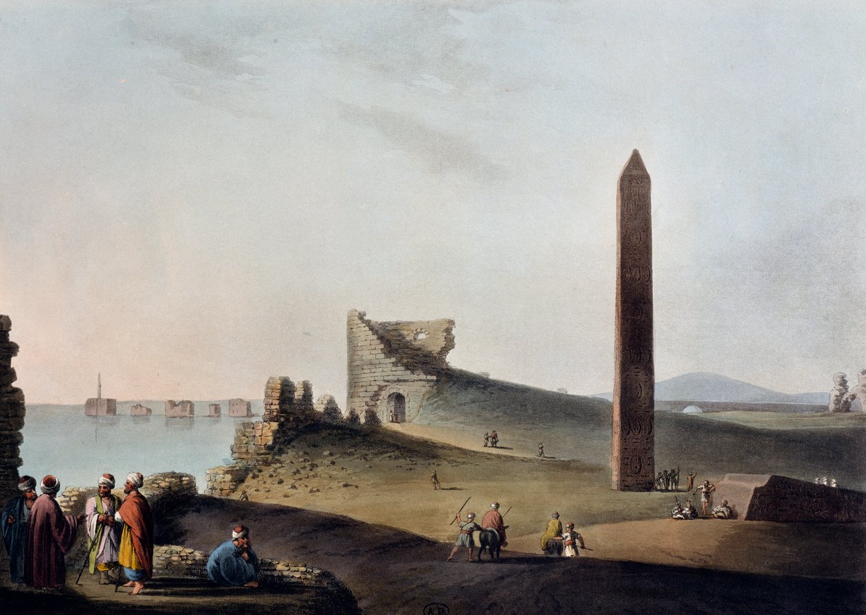 Os Obeliscos de Alexandria conhecidos como Agulhas de Cleópatra, gravados, por Luigi Mayer (1755-ca 1803), de Views in Egypt, Palestine and Other Parts of Ottoman Empire de Luigi Mayer