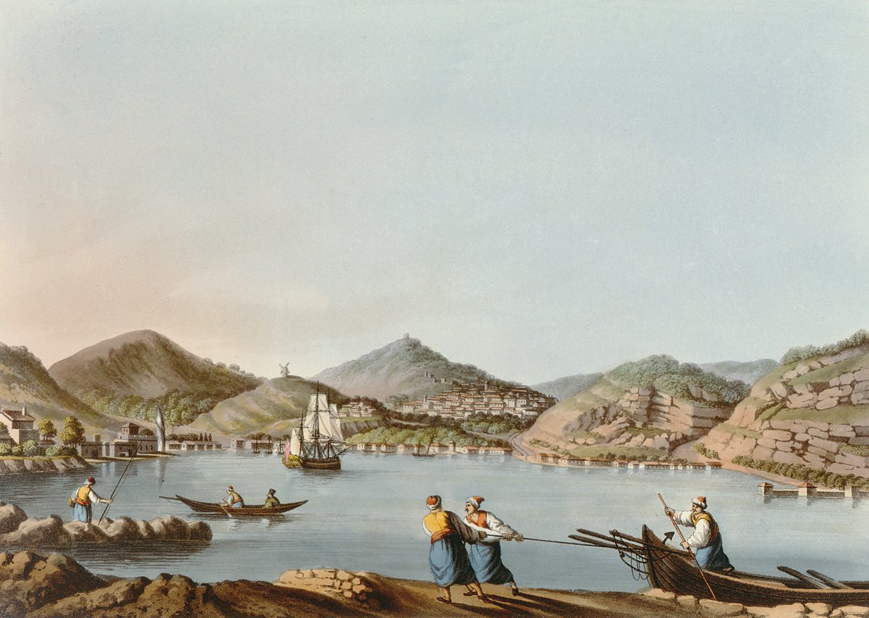 O porto ocidental da ilha de Samos, placa 60 de vistas nos domínios otomanos, bar. por R. Bowyer, 1810 (aquatinta) de Luigi Mayer