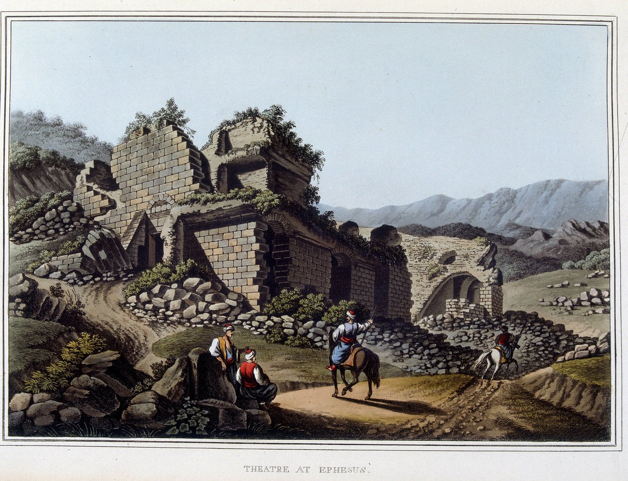 Teatro em ruínas em Éfeso, antiga cidade grega, hoje na Turquia. em "Views in the Ottoman Dominions, in Europe, in Asia, and some of the Mediterranean islands" dos desenhos originais tirados por Luigi Mayer, Londres de Luigi Mayer