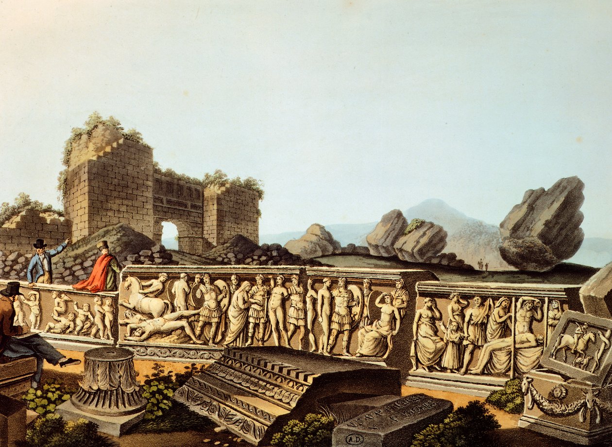 Turquia, Éfeso, visitantes europeus vendo relevos em mármore, de Luigi Mayer, Gravura de Luigi Mayer
