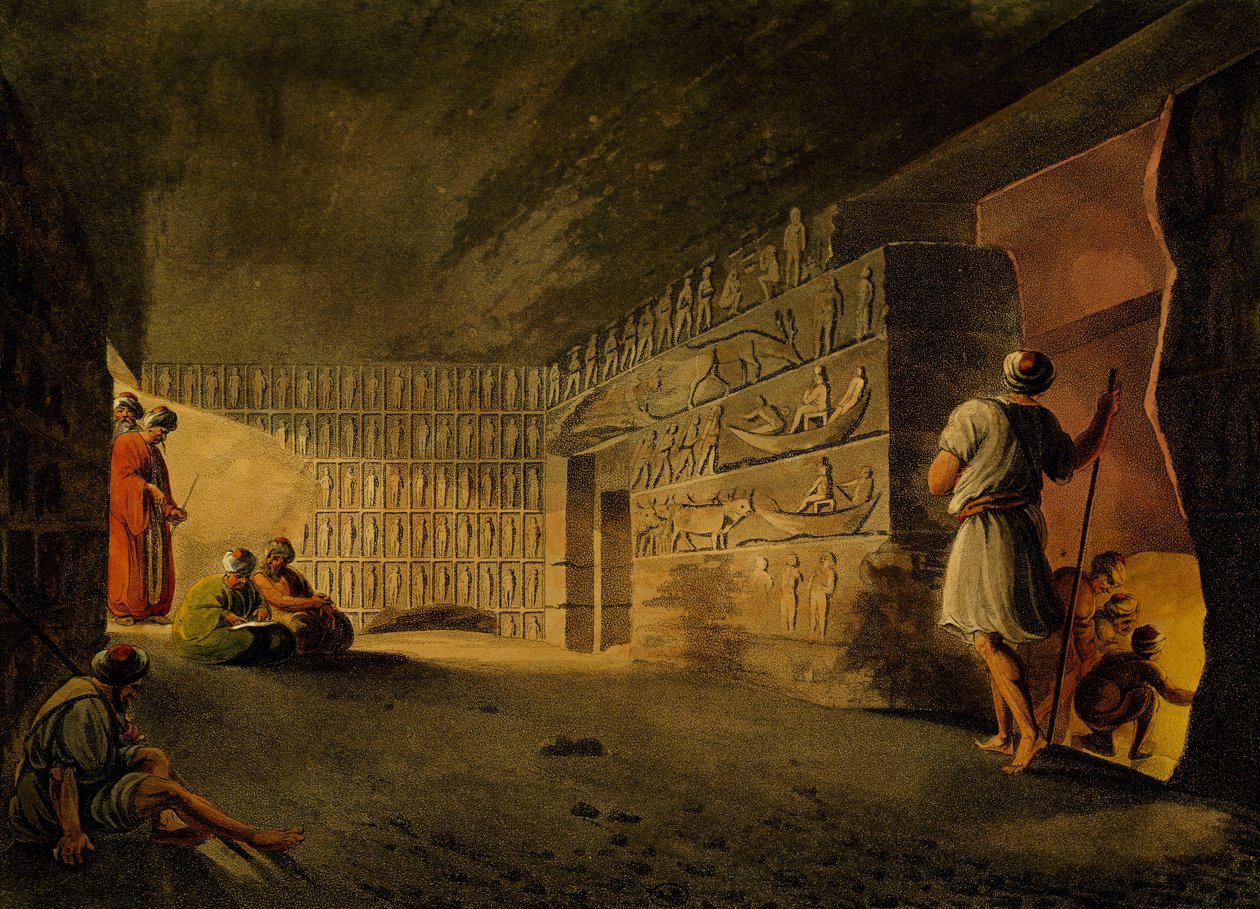 Câmara subterrânea da Pirâmide de Gizé, gravura, de Luigi Mayer (1755-ca 1803), de Views in Egypt, Palestine and Other Parts of Ottoman Empire de Luigi Mayer